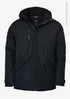 A black Northdale men's jacket featuring a hood and multiple pockets, made from recycled polyester, with a logo.