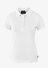 A white women's polo shirt featuring a collar and five-button placket. It has a logo on its design.