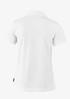 A white women's polo shirt featuring a classic design and a logo at the side.