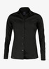 A black button-up shirt featuring a fitted design and a classic collar, with a logo on the tag.