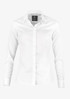 A white button-up shirt featuring long sleeves and a collar, with a label attached inside.