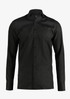 A black button-up shirt with a modern fit, featuring a collar and long sleeves. It has a logo on the label.