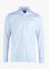 A light blue button-up shirt with long sleeves and a collar, featuring a logo on the label.