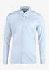 A light blue slim fit button-up shirt with long sleeves and a collar, featuring a logo on the chest.