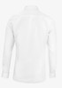 A slim fit men's button-up shirt in white, featuring a simple design and a logo on the back.