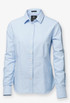 A light blue button-up shirt with long sleeves and a collar, featuring a branded tag.