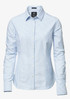 A button-up shirt in light blue with thin white stripes, featuring a collar and long sleeves. It has a logo on the label.