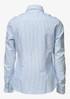 A light blue button-up shirt with vertical stripes and a collar, featuring long sleeves and a fitted design.
