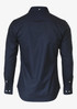 A navy blue slim fit button-up shirt for men, featuring long sleeves and a back yoke. Includes a small logo.