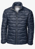 A navy puffer jacket with a zip front and quilted design. Features a collar and a logo on the fabric.