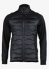 A black puffer jacket with a smooth front panel and long sleeves, featuring a zip closure and a logo on the chest.
