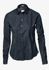 A button-up shirt in a dark denim colour with long sleeves and a collar, featuring a logo on the front.