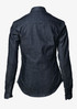 A dark denim button-up shirt featuring a fitted design and long sleeves, with a back yoke and cuffs.