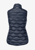 A puffy navy vest with a quilted design and no sleeves, featuring a collar and a logo.