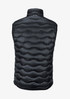 A black puffy vest with a quilted pattern and no sleeves, featuring a collar and a logo.