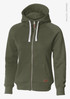An olive green zip-up women's hoodie with a hood and front pockets. It has a logo on the side.