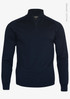 A navy 1/4-zip men's knitwear top made from organic cotton, featuring a collar and long sleeves. It has a logo.