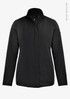 A women's jacket in black made from recycled nylon, featuring a high collar and a simple design.