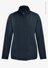 A navy jacket made from recycled nylon, featuring a high collar and a sleek design. It includes branding details.