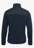 A navy blue men's jacket with a high collar and a contrasting dark panel on the upper back. It has a logo on the back.
