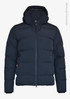A navy unisex puffer jacket with a hood, featuring a zip closure and a logo on the design.