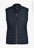 A navy women's vest featuring a zip front, padded design, and a logo on the side. Made from recycled polyester.