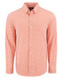 A men's shirt featuring a red and white gingham pattern with long sleeves and a button-down collar. It has a logo.