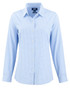 A blue and white gingham check shirt with long sleeves and a button-up front, featuring a logo on the label.