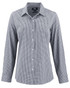 A ladies' shirt in a black and white gingham pattern, featuring long sleeves and a collared neckline. It has a logo.