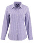 A ladies shirt in purple and white gingham check pattern with long sleeves and a button-down front, featuring a logo.