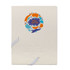 A cream-coloured notebook with a colourful logo on the cover, featuring a binding with white strings.