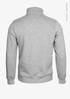 A grey unisex sweatshirt with a high collar and long sleeves, featuring a brand logo on the back.
