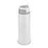 A drink bottle in white with a grey lid and a logo, featuring a sleek, modern design.