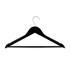 A black wooden hanger with a silver hook features a sleek design and curved edges.