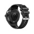 A black smart watch with a textured band and a circular face, featuring a logo and a back sensor.