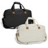 A black and a white duffle bag with handles and adjustable shoulder straps. Each features a logo.