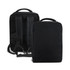 A black travel backpack featuring adjustable straps, a top handle, and a sleek design. It includes a logo on the front.