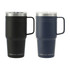 A drink bottle set featuring two mugs in black and navy, with a stainless steel lid and a handle. Each mug has a logo.