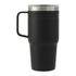 A drink bottle in matte black with a stainless steel lid and a sturdy handle. It includes a logo.