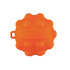 An orange silicone popper ball with raised circular features and a flat centre. It has a small loop on the side.