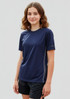 A navy blue short sleeve tee featuring a stylish design and branding, paired with black shorts.
