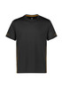 A black short sleeve tee with yellow accents and a logo on the front. Suitable for kids.