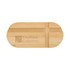 A bamboo phone stand with an oval shape and a logo. It features slits for device placement.