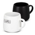 A coffee mug set featuring a white mug with a logo and a solid black mug, both with a rounded shape.