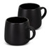 A set of two black coffee mugs with a smooth finish and rounded design. Each mug features a handle.