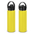 A drink bottle with a sleek yellow body and a black lid, featuring a carry handle and a logo.