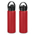 A drink bottle in vibrant red with a black lid and handle, featuring a sleek, matte finish on its body.