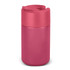 A drink bottle in a vibrant pink hue with a sealed top and a logo on the body.