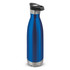 A drink bottle in a shiny blue finish with a push-button lid and a stainless steel base, featuring a logo.