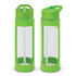 A drink bottle in vibrant green with a transparent body, featuring a sporty lid and built-in straw.